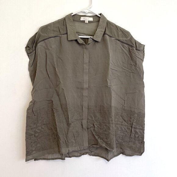 ERI + ALI ANTHROPOLOGIE Olive Green Embroidered Boxy Dolman Sleeve Button Down S - Picture 2 of 16